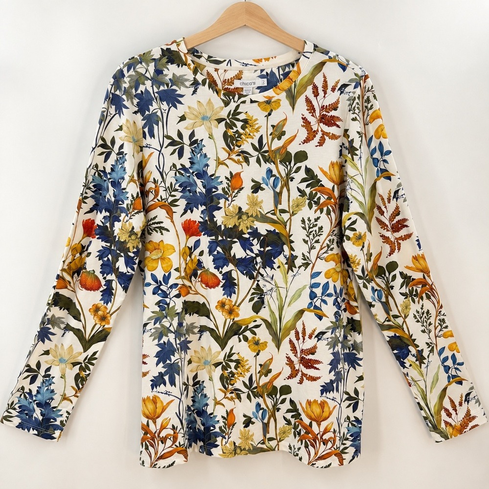 Chicos Size 3 Cottage Botanical Floral Tee Womens XL Autumn Layering Top Cream